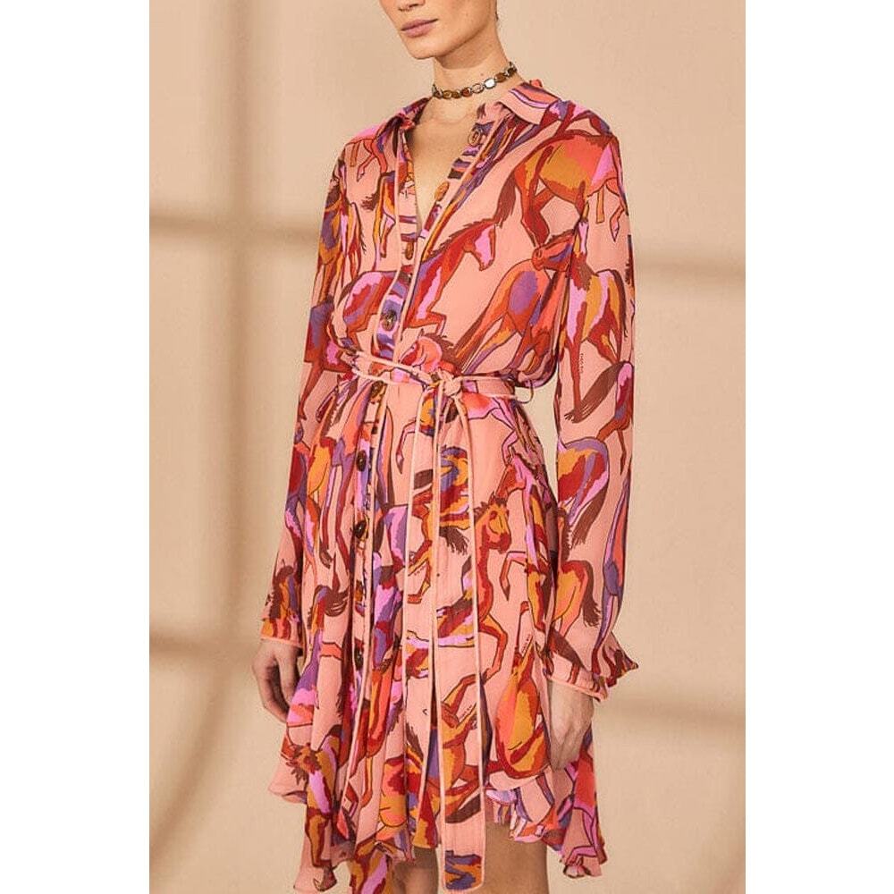Farm Rio Rose Wild Horses Long Sleeve Mini Dress With Slip NWT Large